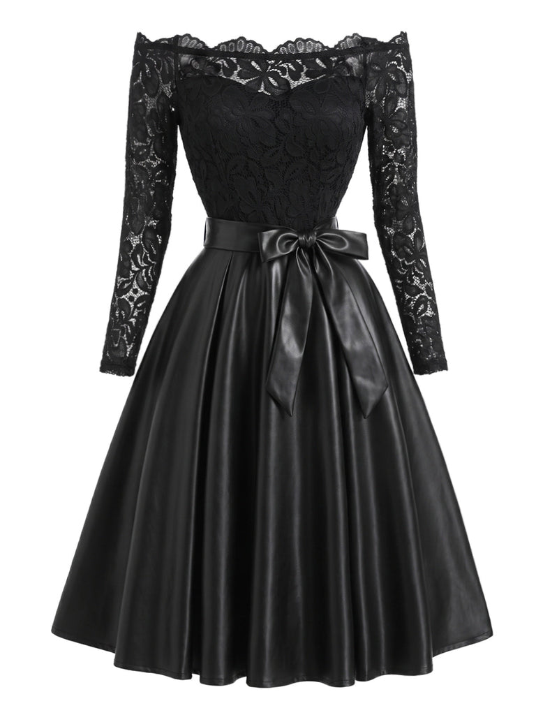 [Prévente] Robe noire en dentelle à épaules dénudées et nœud à la taille années 1950 - 2