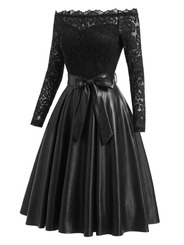 [Prévente] Robe noire en dentelle à épaules dénudées et nœud à la taille années 1950 - 3