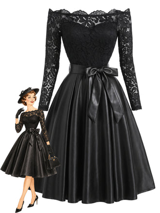 [Prévente] Robe noire en dentelle à épaules dénudées et nœud à la taille années 1950 - 1