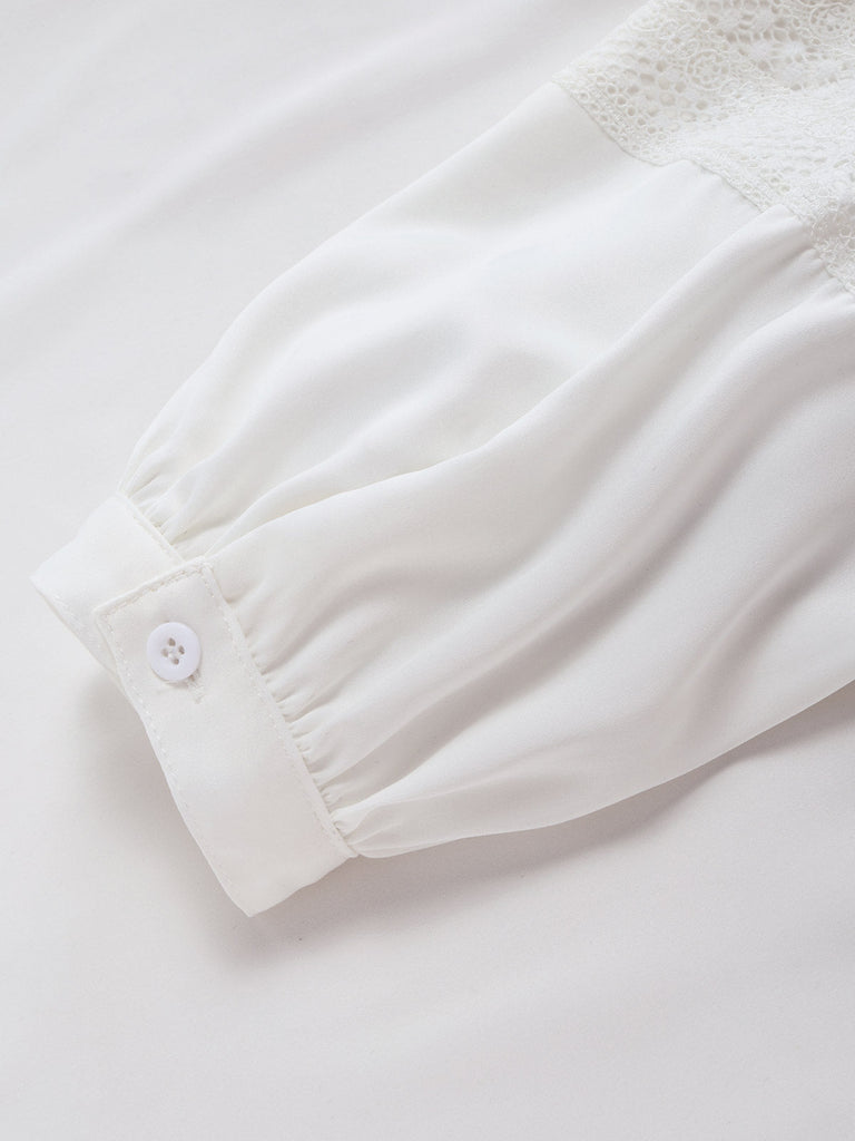 [Prévente] Blouse blanche en dentelle à col lavallière et manches lanternes Années 1970