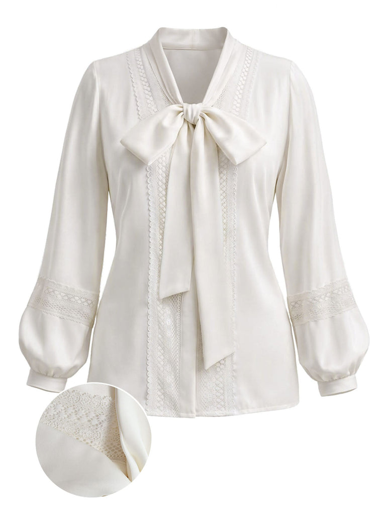 [Prévente] Blouse blanche en dentelle à col lavallière et manches lanternes Années 1970