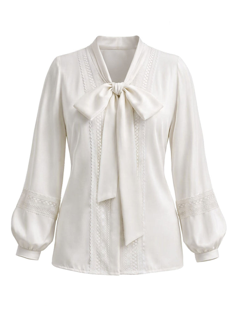 [Prévente] Blouse blanche en dentelle à col lavallière et manches lanternes Années 1970