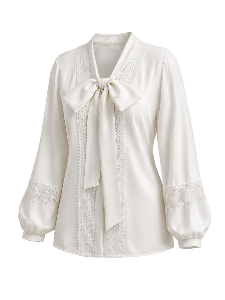 [Prévente] Blouse blanche en dentelle à col lavallière et manches lanternes Années 1970