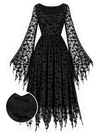 [Prévente] Robe Noir Gothique Ghost Filet Chauve-Souris Manche Années 1970