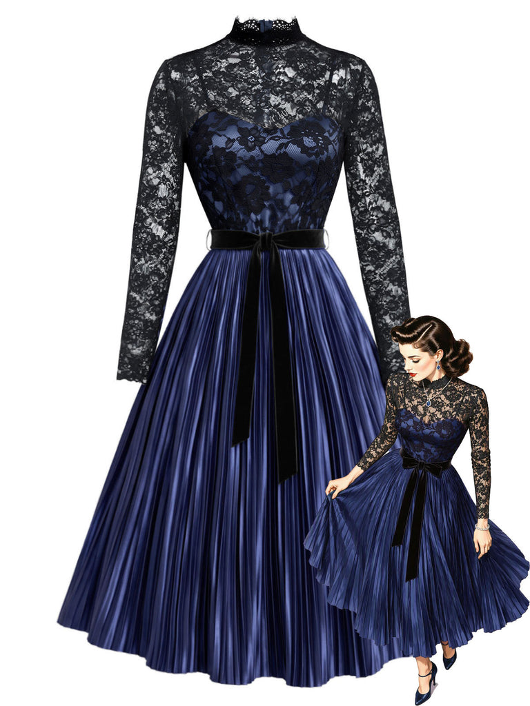 [Prévente] Robe bleu royal à corsage en dentelle transparente et jupe plissée années 1950