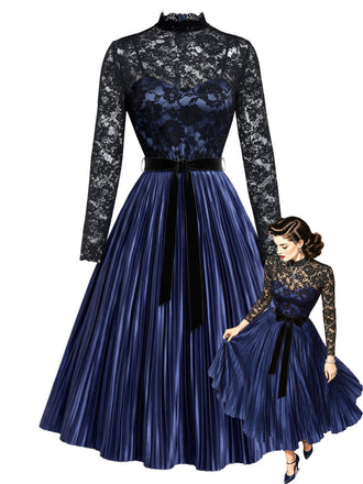 [Prévente] Robe bleu royal à corsage en dentelle transparente et jupe plissée années 1950