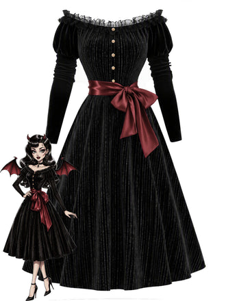 [Prévente] Robe noire en velours et dentelle à épaules dénudées et ceinture Années 1950