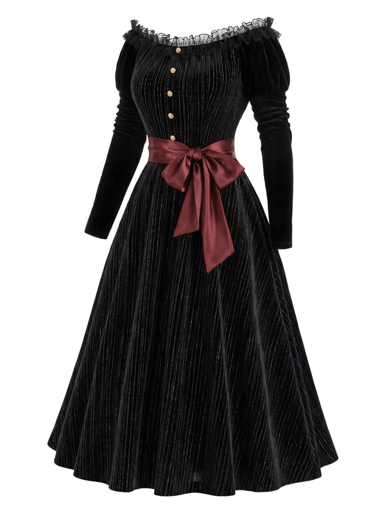 [Prévente] Robe noire en velours et dentelle à épaules dénudées et ceinture Années 1950