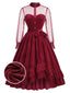 [Prévente] Robe rouge en velours à volants et manches transparentes à pois Années 1950