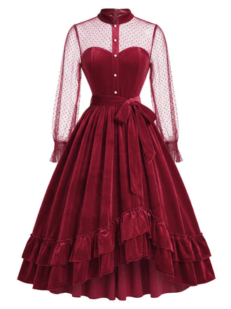 [Prévente] Robe rouge en velours à volants et manches transparentes à pois Années 1950 - 2