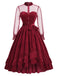 [Prévente] Robe rouge en velours à volants et manches transparentes à pois Années 1950 - 2