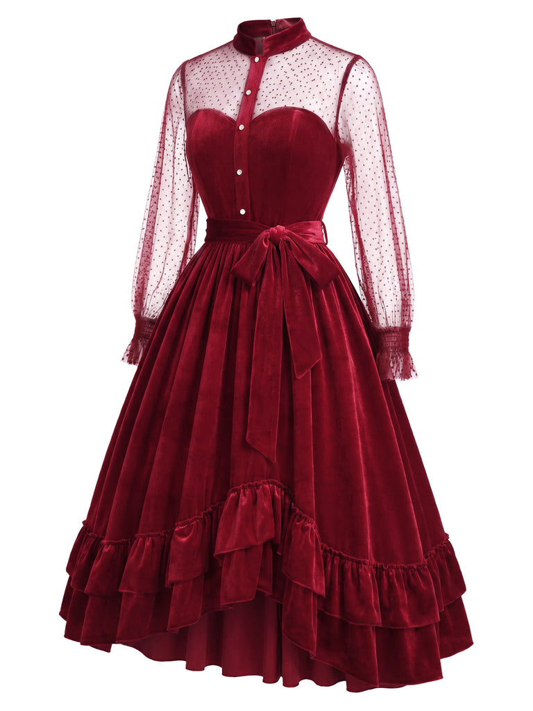 [Prévente] Robe rouge en velours à volants et manches transparentes à pois Années 1950 - 3