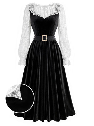 [Prévente] Ensemble 2 pièces noir et blanc avec haut volanté en dentelle et robe en velours années 1940