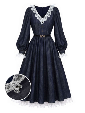 [Prévente] Robe bleue à empiècements en dentelle et manches ballon Années 1940 - 2
