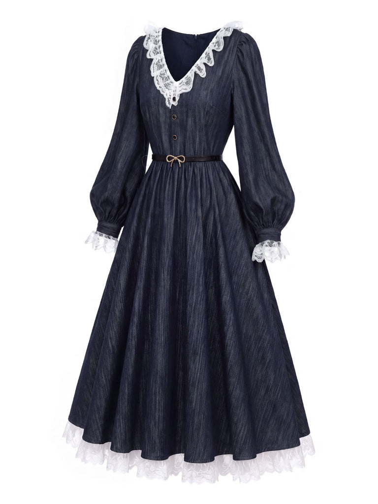 [Prévente] Robe bleue à empiècements en dentelle et manches ballon Années 1940 - 4