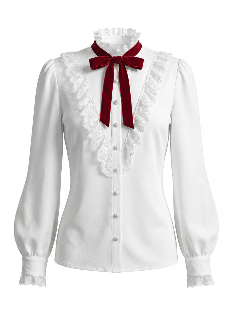 [Prévente] Ensemble 2PCS blouse blanche en dentelle à col volanté et jupe marron plissée à carreaux années 1940