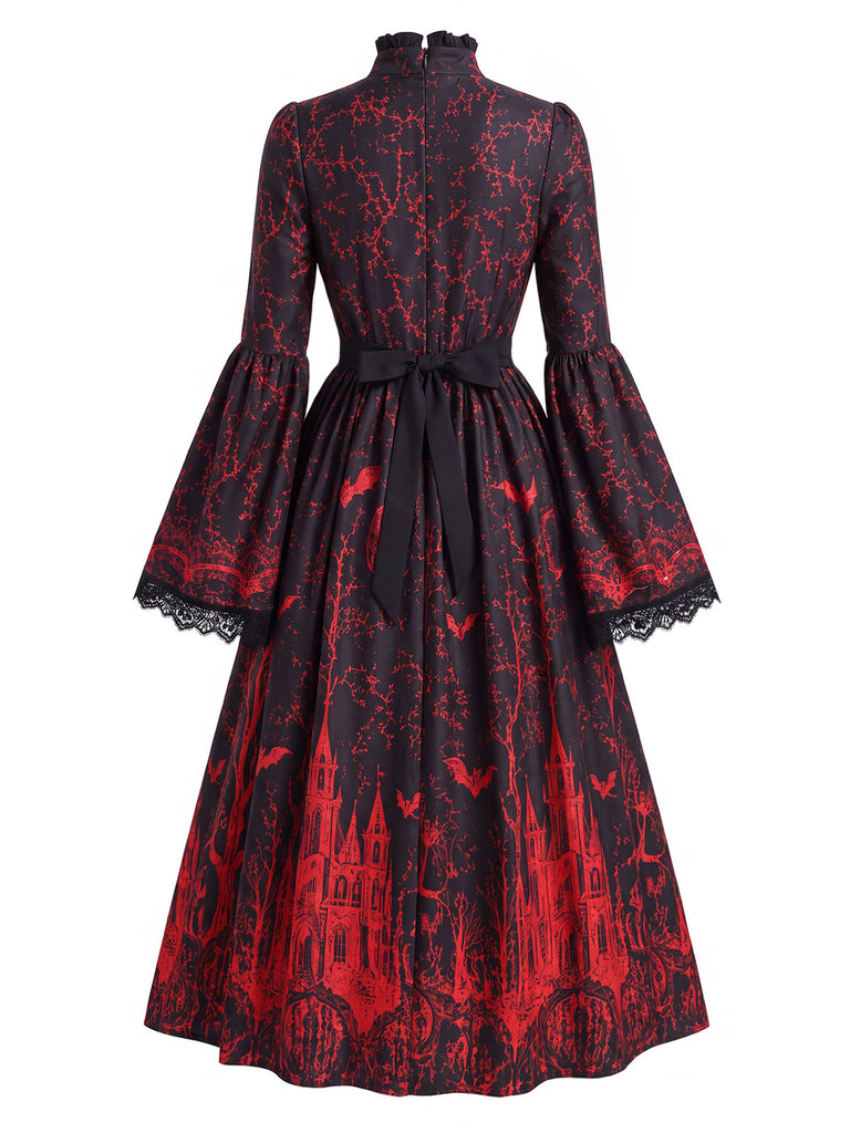 [Prévente] Robe longue gothique à imprimé château et chauves-souris, manches longues années 1960
