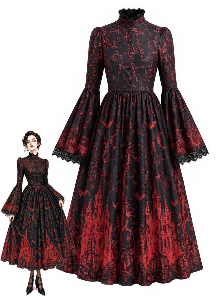 [Prévente] Robe longue gothique à imprimé château et chauves-souris, manches longues années 1960