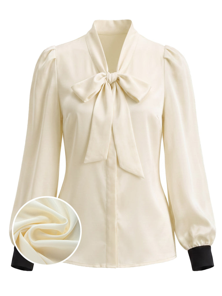 [Prévente] Blouse ivoire en satin à col noué et poignets contrastés années 1970