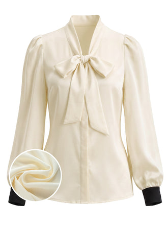 [Prévente] Blouse ivoire en satin à col noué et poignets contrastés années 1970
