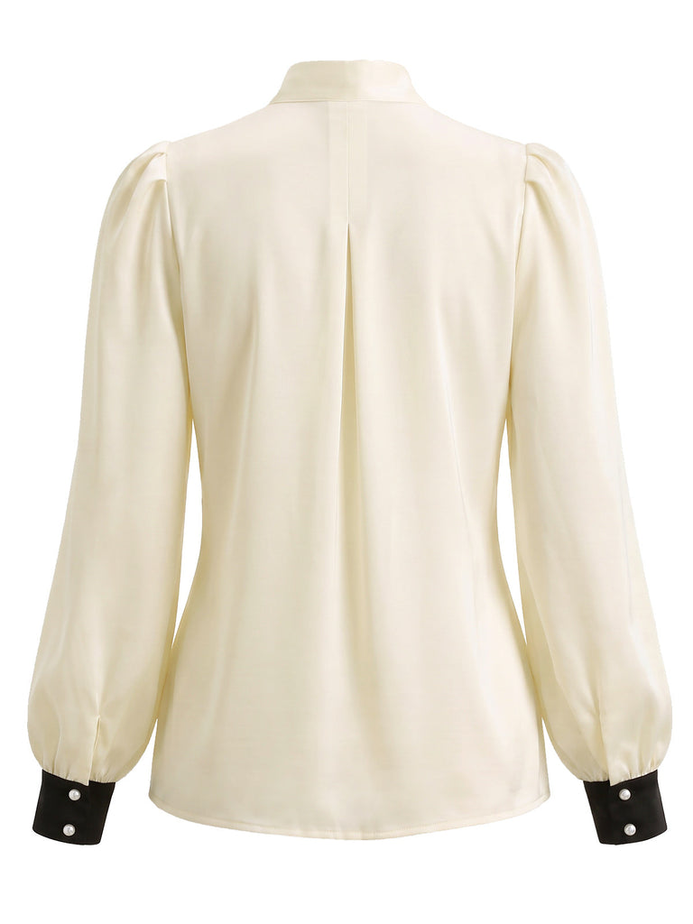 [Prévente] Blouse ivoire en satin à col noué et poignets contrastés années 1970