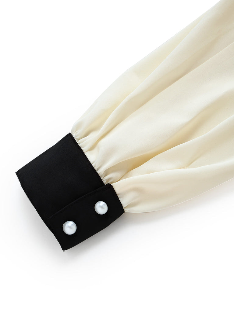 [Prévente] Blouse ivoire en satin à col noué et poignets contrastés années 1970
