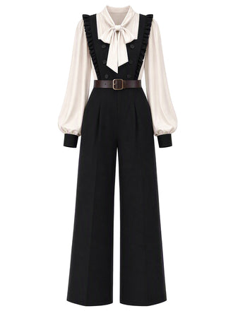 [Prévente] Ensemble 2 pièces blouse à nœud et combinaison à bretelles volantées années 1970