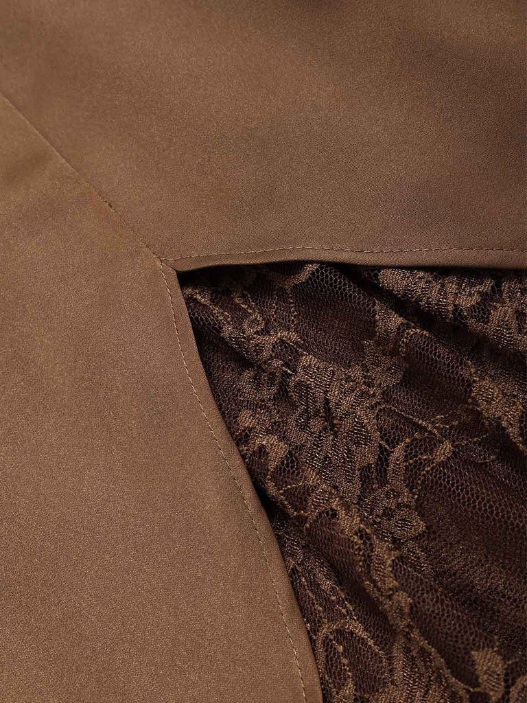 [Prévente] Robe marron en satin à col drapé et empiècements de dentelle années 1970