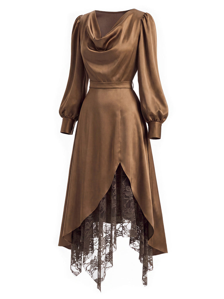[Prévente] Robe marron en satin à col drapé et empiècements de dentelle années 1970