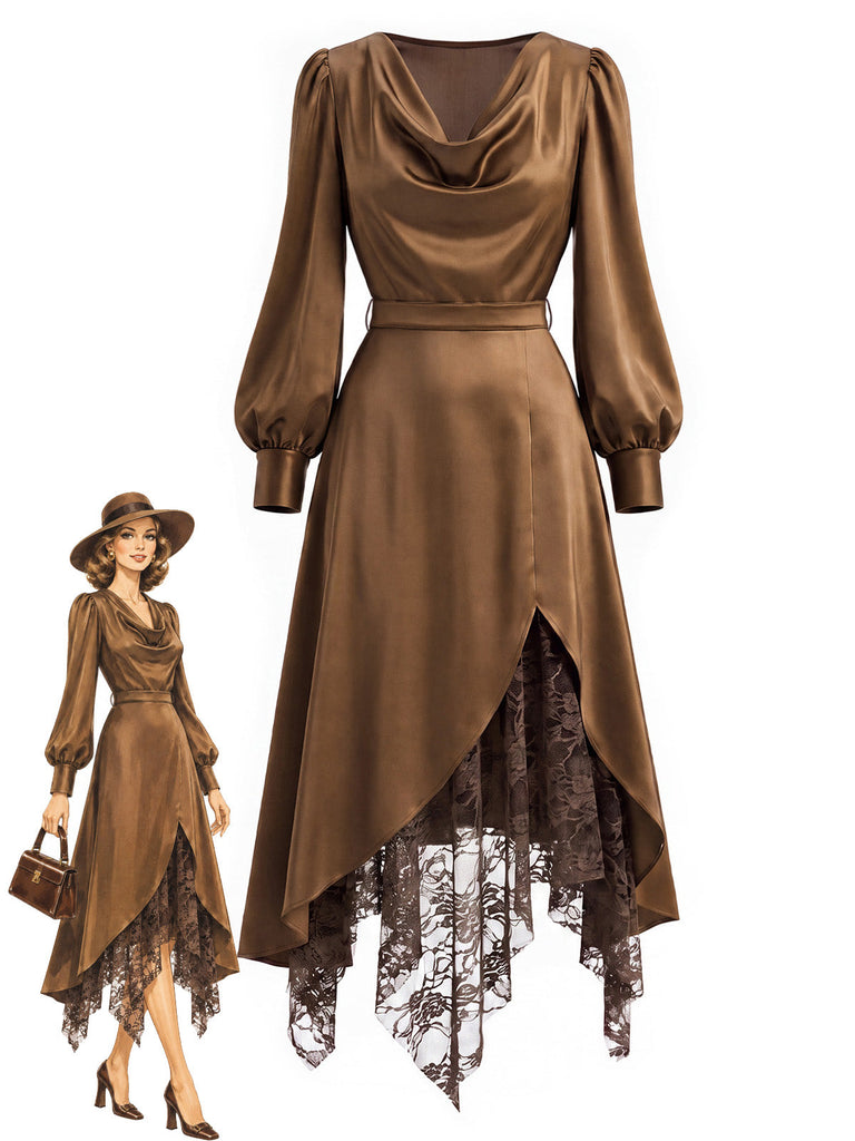 [Prévente] Robe marron en satin à col drapé et empiècements de dentelle années 1970