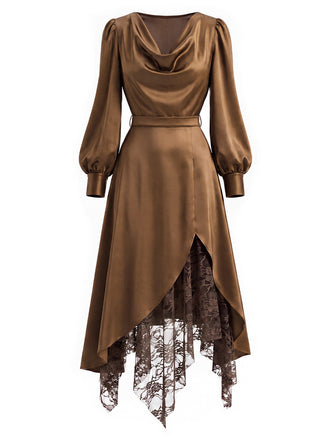[Prévente] Robe marron en satin à col drapé et empiècements de dentelle années 1970