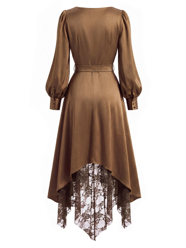 [Prévente] Robe marron en satin à col drapé et empiècements de dentelle années 1970