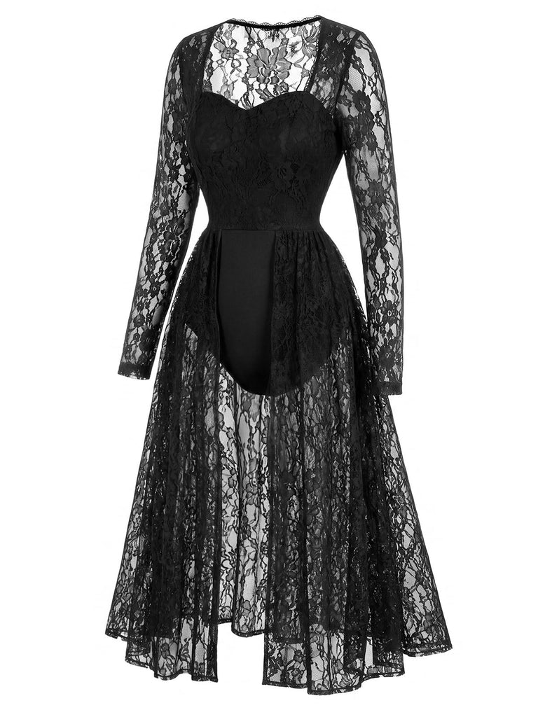 [Prévente] Nuisette body noire en dentelle fleurie années 1950