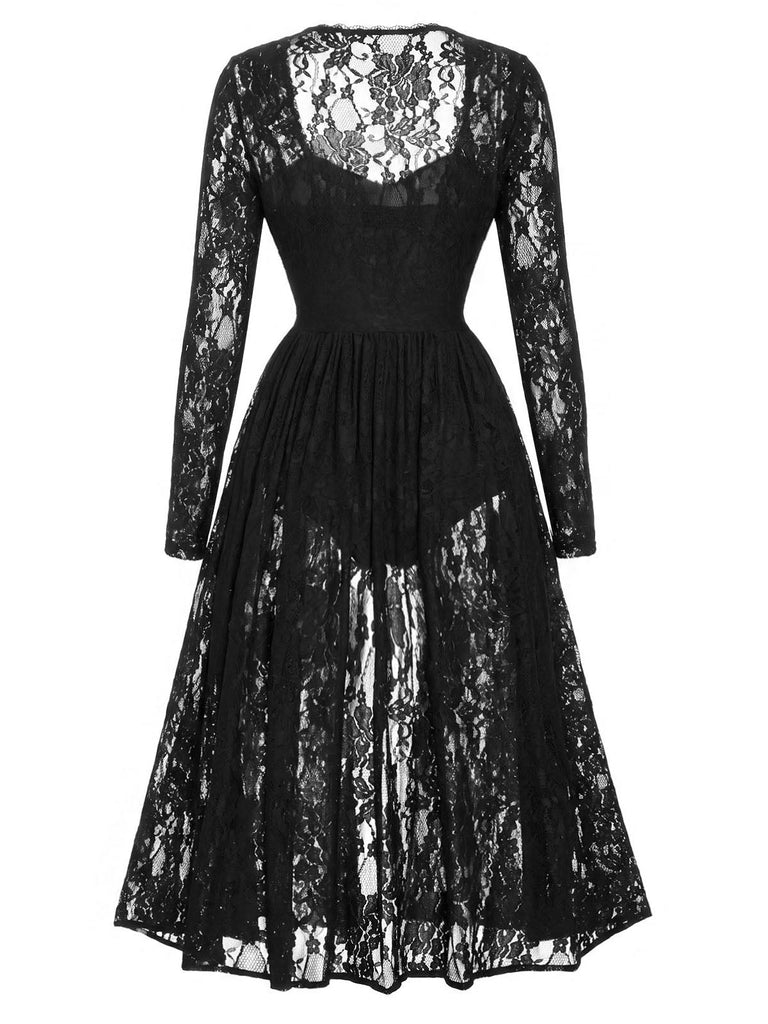 [Prévente] Nuisette body noire en dentelle fleurie années 1950