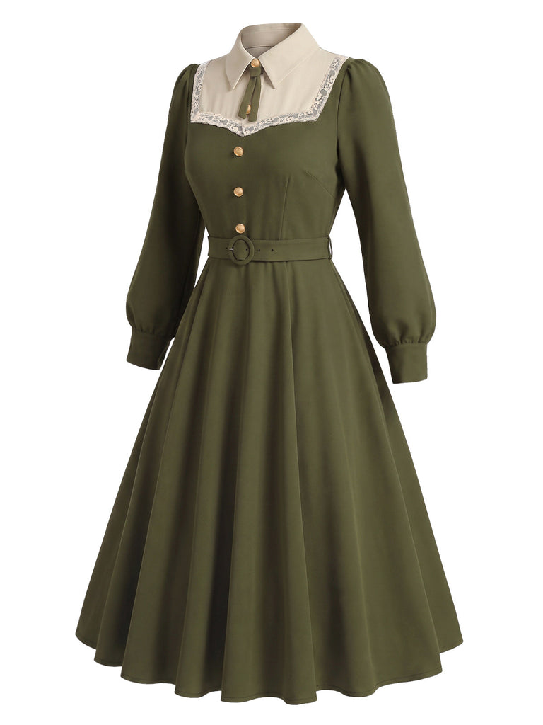 [Prévente] Robe en dentelle boutonnée avec nœud et ceinture années 1940