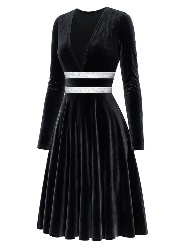 [Prévente] Robe noire en velours à col V et taille argentée années 1980