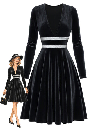 [Prévente] Robe noire en velours à col V et taille argentée années 1980
