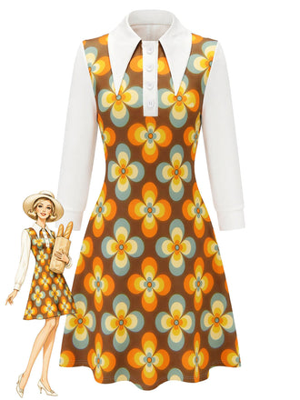 [Prévente] Robe orange à fleurs, grand col pointu et coupe évasée années 1960
