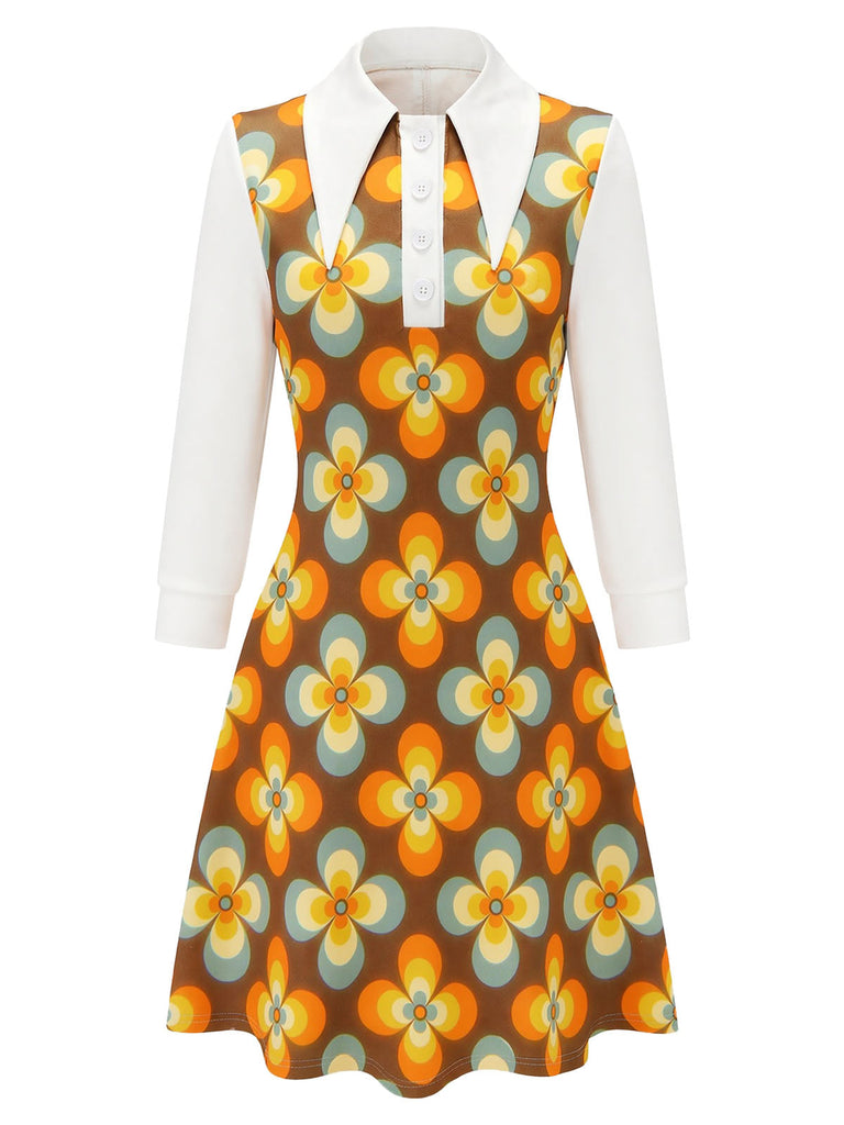 [Prévente] Robe orange à fleurs, grand col pointu et coupe évasée années 1960