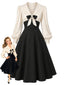 [Prévente] Robe bicolore abricot et noir col revers manches lanternes et nœud années 50