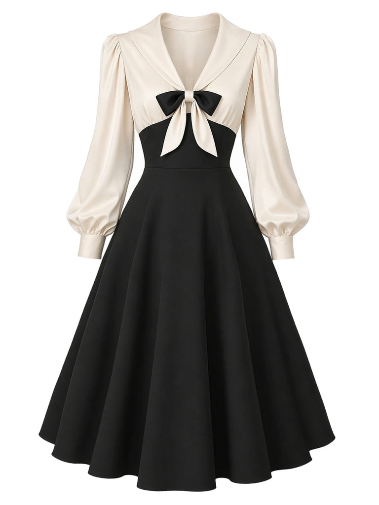 [Prévente] Robe abricot et noire à revers, manches ballon et nœud années 1950 - 2