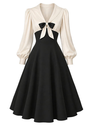 [Prévente] Robe abricot et noire à revers, manches ballon et nœud années 1950 - 2