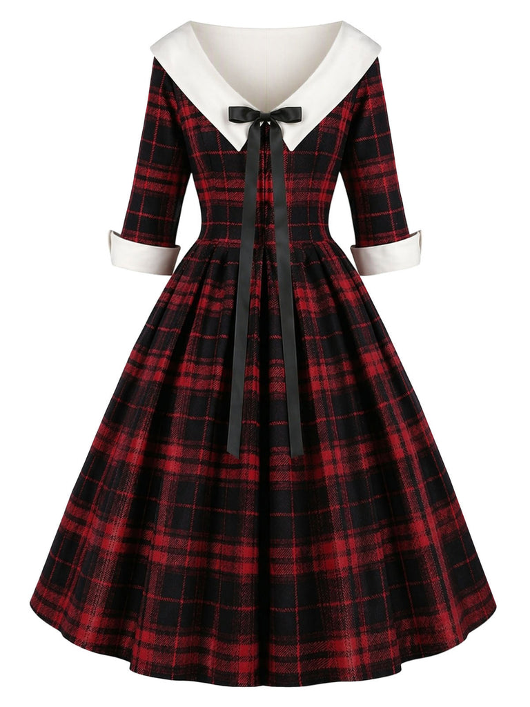 [Prévente] Robe rouge et noire à carreaux écossais et col Chelsea Années 1950 - 3