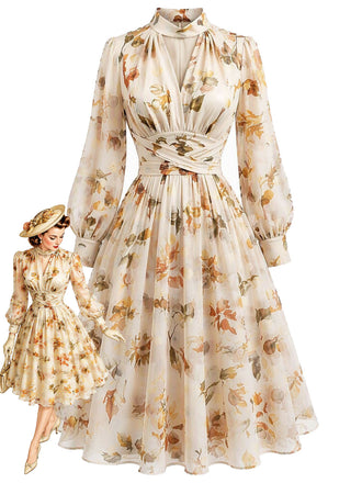 [Prévente] Robe jaune fleurie en mousseline à coupe portefeuille et manches ballon années 1950 - 1