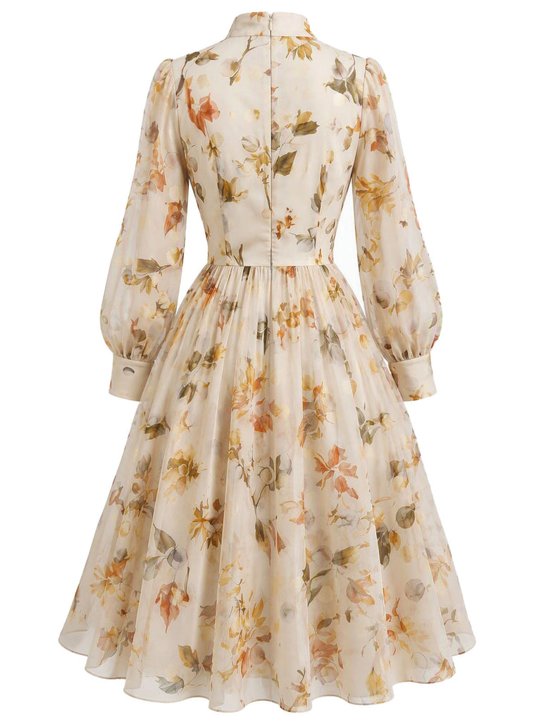 [Prévente] Robe jaune fleurie en mousseline à coupe portefeuille et manches ballon années 1950 - 4