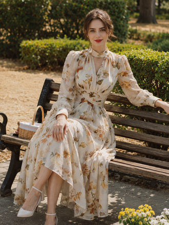 [Prévente] Robe jaune fleurie en mousseline à coupe portefeuille et manches ballon années 1950 - 2