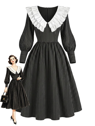 [Prévente] Robe noire à fines rayures, col volanté et manches gigot années 1940 - 1