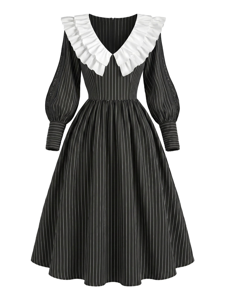 [Prévente] Robe noire à fines rayures, col volanté et manches gigot années 1940 - 2