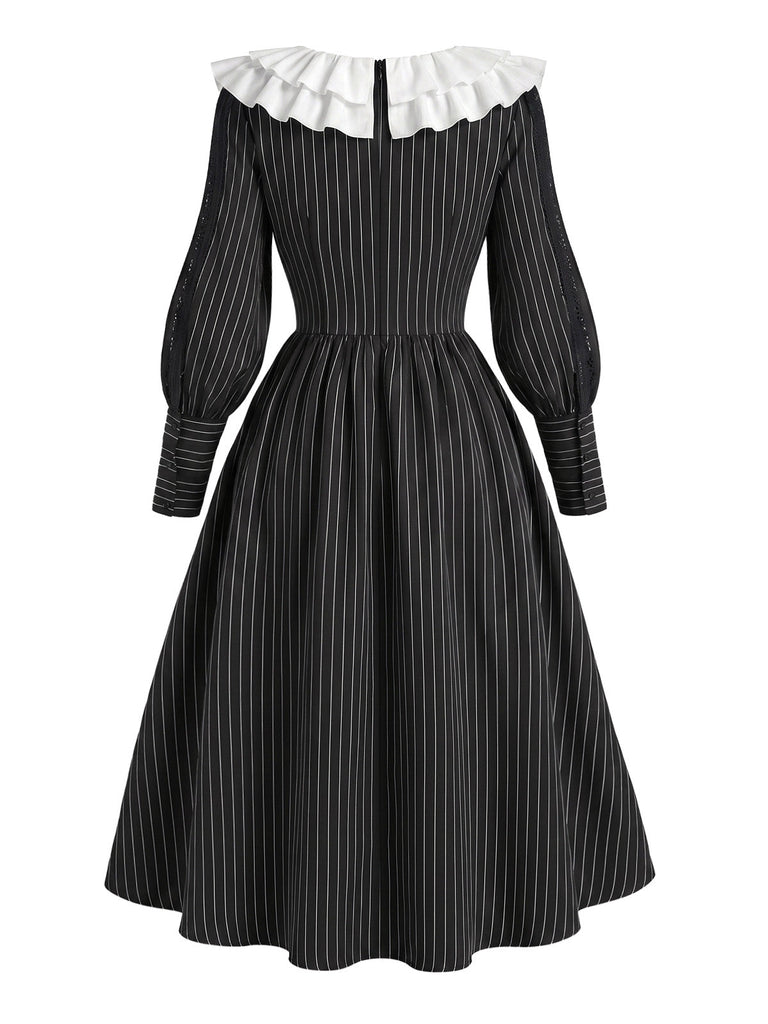 [Prévente] Robe noire à fines rayures, col volanté et manches gigot années 1940 - 3