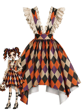 [Prévente] Robe chasuble orange de clown à losanges et volants Années 1980